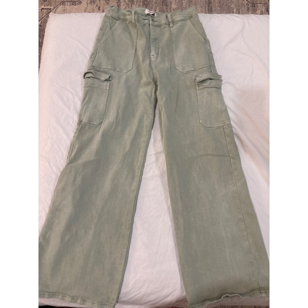 Vibrant MIU Womens Sage Green Wide Leg Cargo Pants High Waisted Utility Sz 13 30